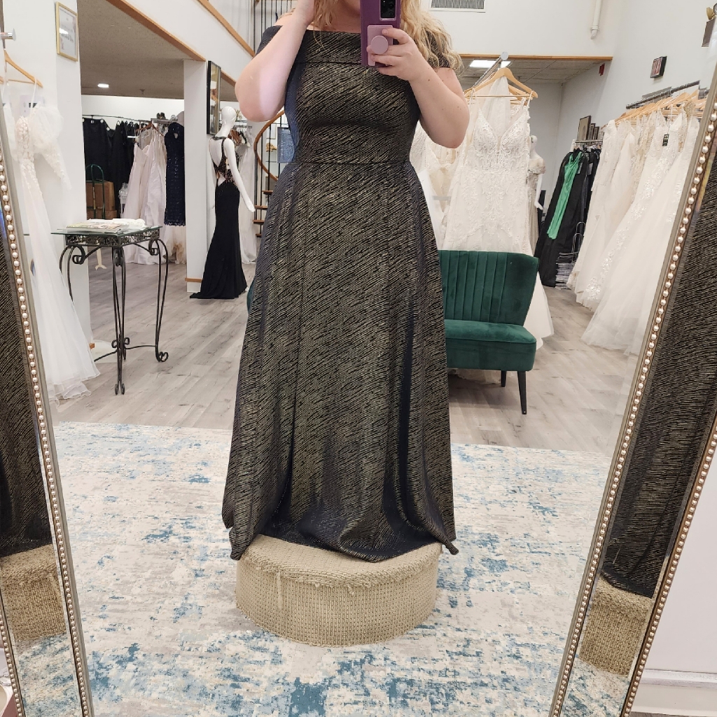 Alex Evenings Metallic Off The Shoulder Ballgown Gold + Navy Size 16
